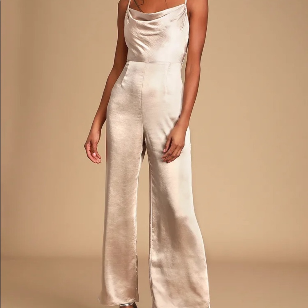 Lulu’s Perfect Night Champagne Satin Cowl Neck Culotte Jumpsuit